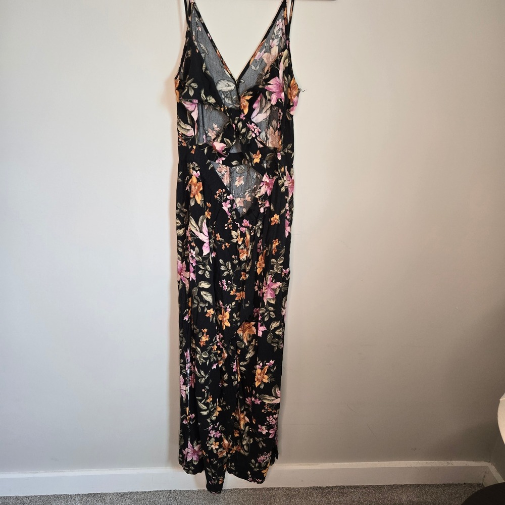 American Eagle Floral pantsuit Black Pink Orange Wide Leg Smocked Back Womens M - Picture 7 of 12